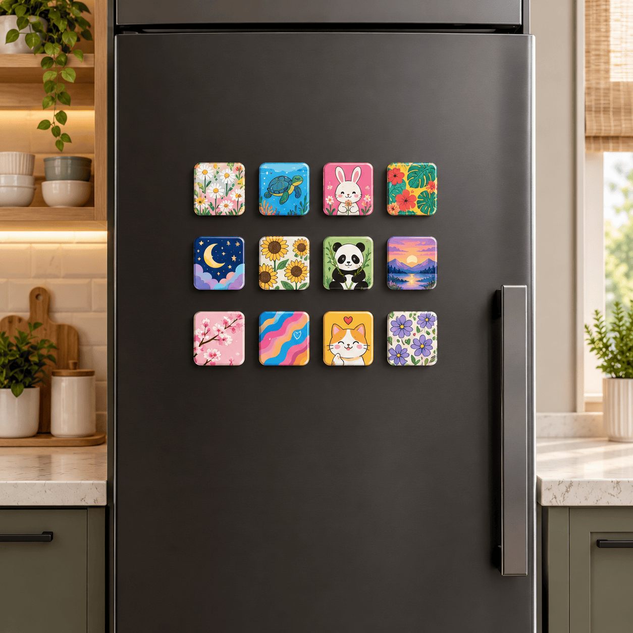 Colorful Magnet Grid on a Cozy Kitchen Fridge (1)